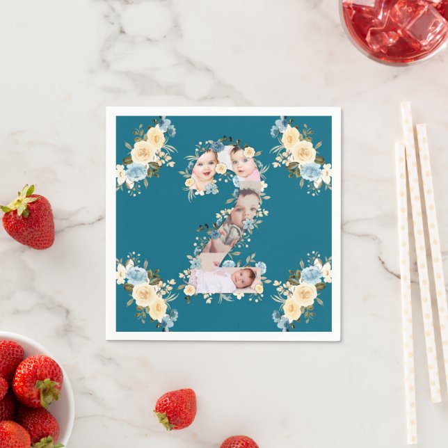Teal Photo Collage Blue Yellow Flower 2nd Birthday Napkins (Insitu)