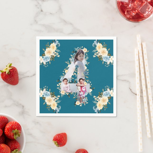 Teal Photo Collage Blue Yellow Flower 4th Birthday Napkins (Insitu)