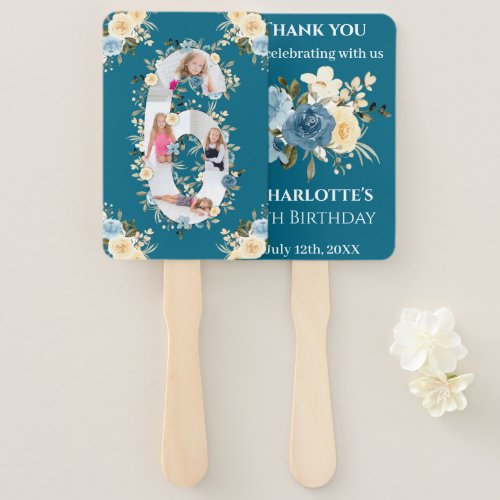 Teal Photo Collage Blue Yellow Flower 6th Birthday Hand Fan