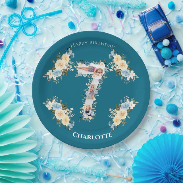 Teal Photo Collage Blue Yellow Flower 7th Birthday Paper Plates (Party)