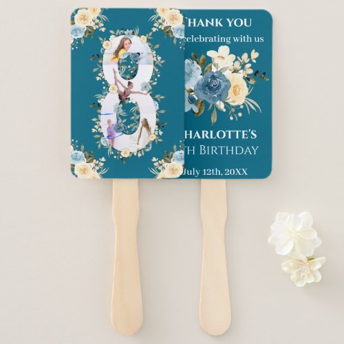Teal Photo Collage Blue Yellow Flower 8th Birthday Hand Fan