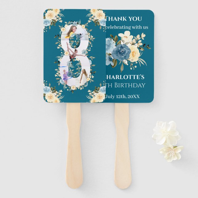 Teal Photo Collage Blue Yellow Flower 8th Birthday Hand Fan (Front and Back)