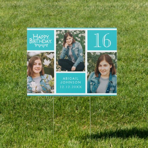 Teal Photo Collage Happy Birthday Sign