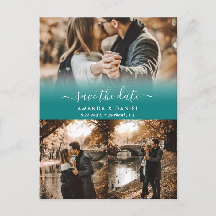 Teal Photo Collage Save The Date Postcards