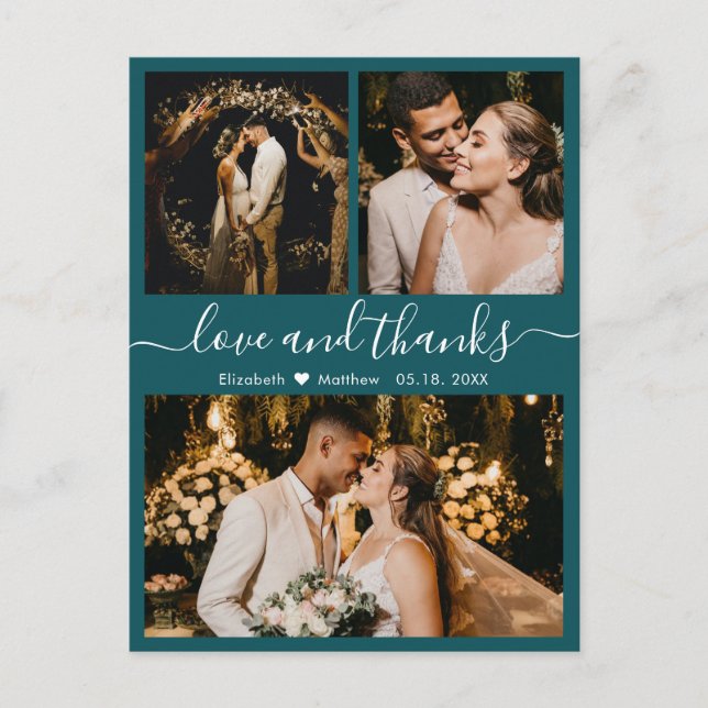 Teal Photo Collage Wedding Thank You Postcard (Front)