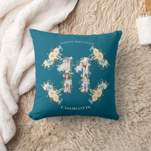 Teal Photo Collage Yellow Flower 11th Birthday Throw Pillow