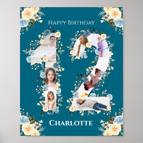 Teal Photo Collage Yellow Flower 12th Birthday Poster