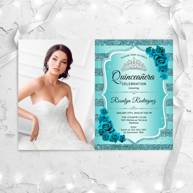 Teal Photo Elegant Quinceanera Invitation (Creator Uploaded)