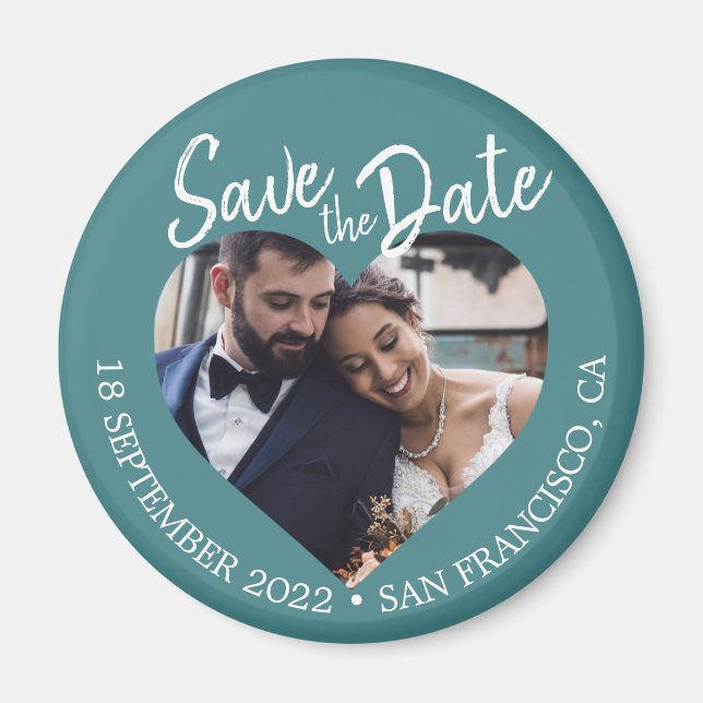 Teal Photo Modern Script Save the Date Magnet (Front)
