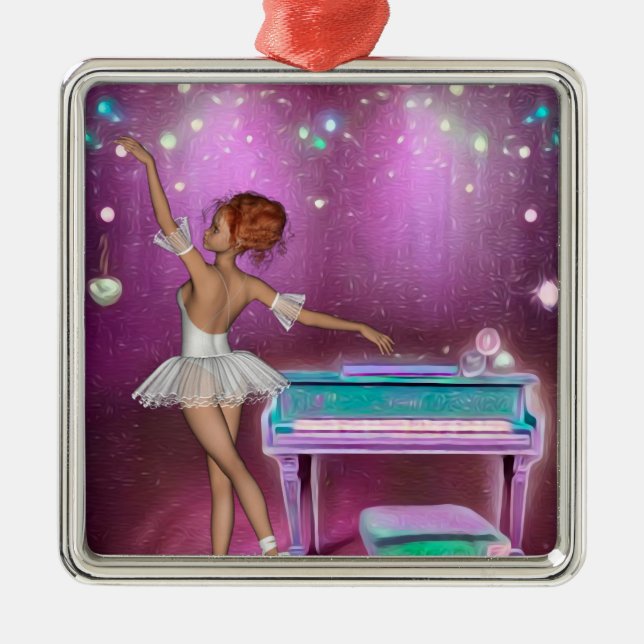 Teal Piano Pink Painted Background & Ballerina Metal Ornament (Front)