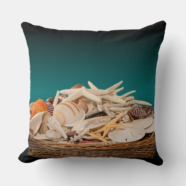 Teal Picture Sea Treasures Seashells Throw Pillow (Front)