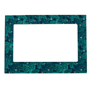 Teal Pine Branches With White Snowflakes Magnetic Frame