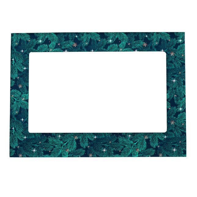 Teal Pine Branches With White Snowflakes Magnetic Frame (Front)