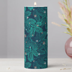 Teal Pine Branches With White Snowflakes Pillar Candle