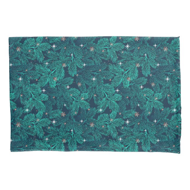 Teal Pine Branches With White Snowflakes Pillow Case (Front)