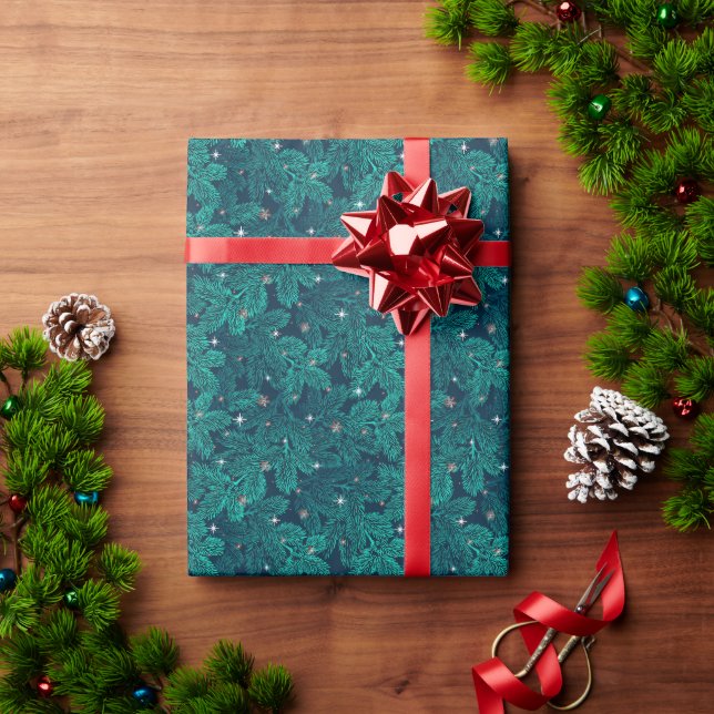 Teal Pine Branches With White Snowflakes Wrapping Paper (Holiday Gift)