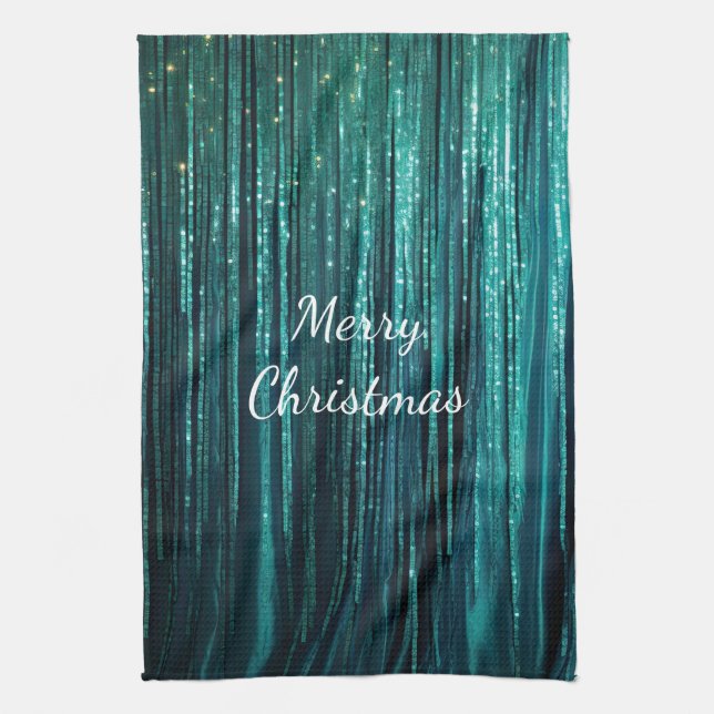 Teal Pine Green Tinsel Christmas Kitchen Towel (Vertical)