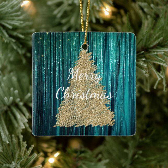 Teal Pine Green Tinsel Gold Christmas Tree Ceramic Ornament (Tree)