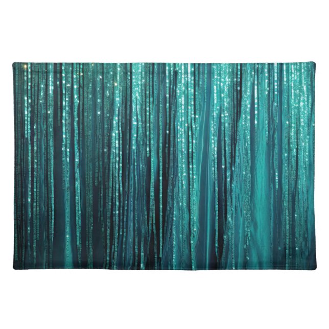 Teal Pine Green Tinsel Gold Christmas Tree Cloth Placemat (Front)