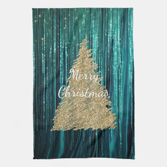 Teal Pine Green Tinsel Gold Christmas Tree Kitchen Towel (Vertical)