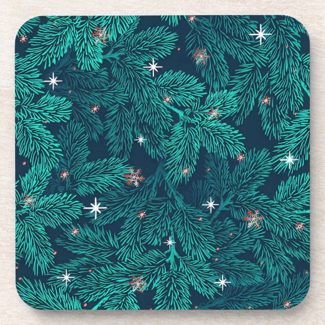 🌲 Teal Pine Snowflake Christmas Table Decor ❄️ Beverage Coaster (Front)