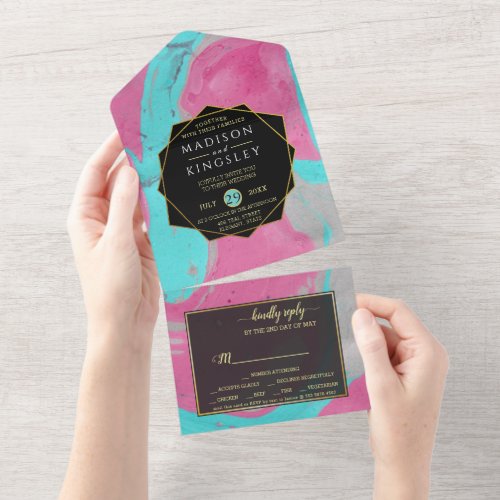 Teal Pink Abstract All In One Invitation