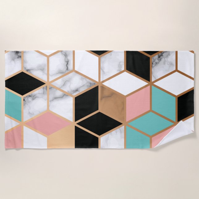 Teal Pink Abstract Cube Pattern on Marble Beach Towel (Front)