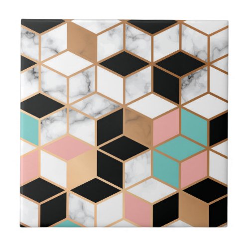 Teal Pink Abstract Cube Pattern on Marble Ceramic Tile