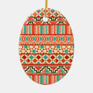 Teal Pink Abstract Geo Aztec Tribal Print Pattern Ceramic Ornament