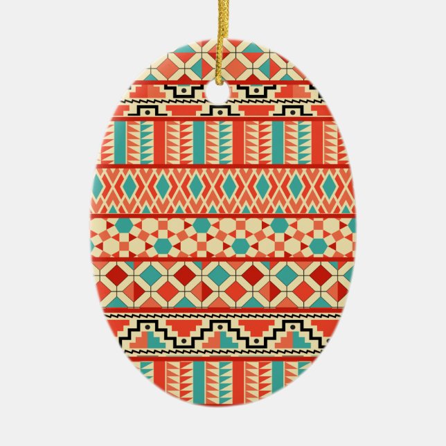 Teal Pink Abstract Geo Aztec Tribal Print Pattern Ceramic Ornament (Front)