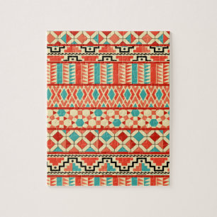 Teal Pink Abstract Geo Aztec Tribal Print Pattern Jigsaw Puzzle