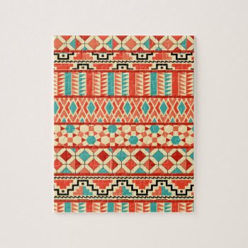 Teal Pink Abstract Geo Aztec Tribal Print Pattern Jigsaw Puzzle by SharonaCreations at Zazzle