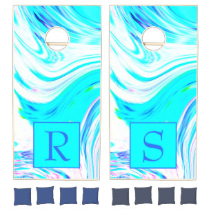 Teal Pink Abstract Wave Patterns Monogram Colorful Cornhole Set