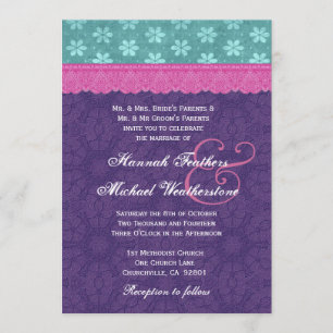 Teal, Pink and Purple Lace Wedding Monogram G500D Invitation