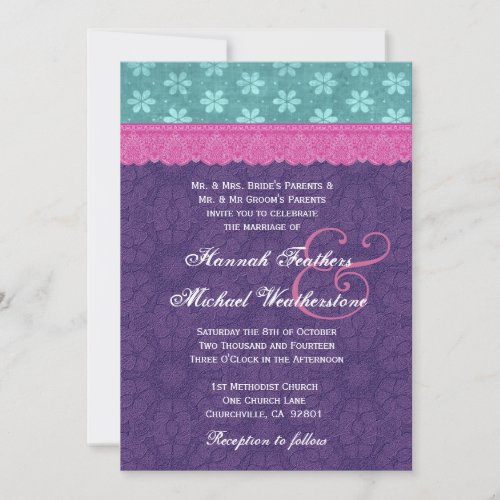Teal, Pink and Purple Lace Wedding Monogram G500D Announcement