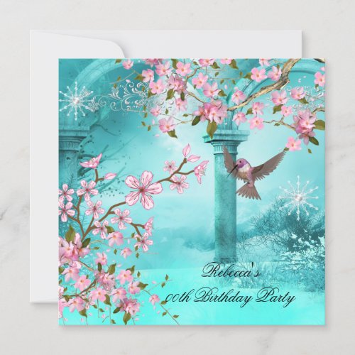 Teal Pink Asian Blossom Birthday Party Bird Invitation