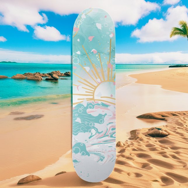 Teal & Pink Beach Coastal Waves Womens Beginner  Skateboard (Creator Uploaded)