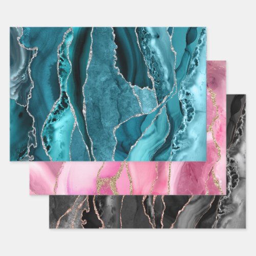 teal pink black agate wrapping paper sheets