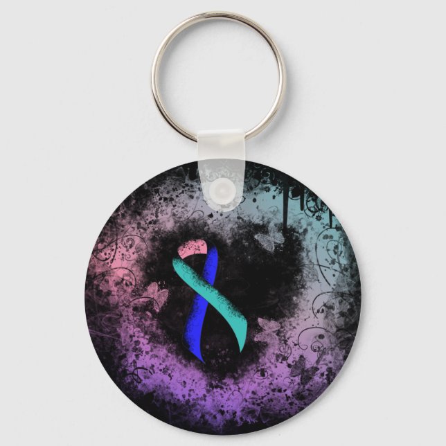 Teal/Pink/Blue Ribbon Grunge Heart Keychain (Front)