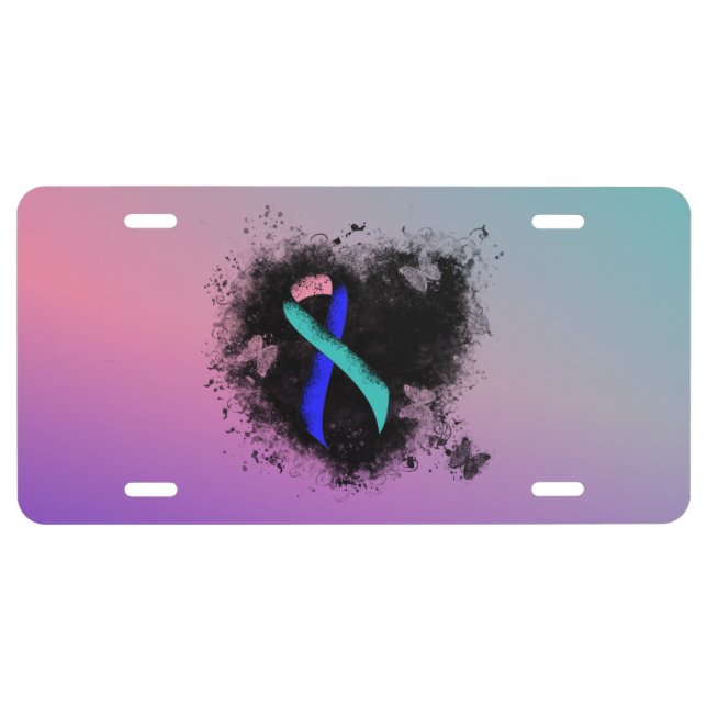 Teal/Pink/Blue Ribbon Grunge Heart License Plate (Front)