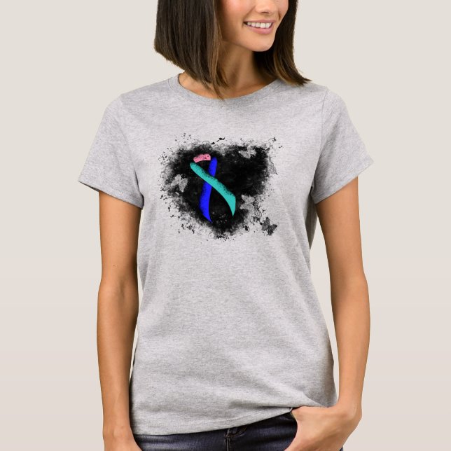 Teal/Pink/Blue Ribbon Grunge Heart T-Shirt (Front)