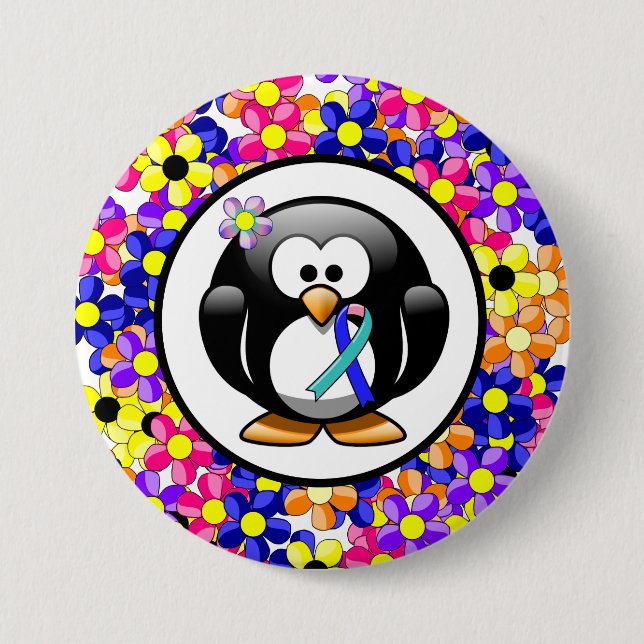 Teal/Pink/Blue Ribbon Penguin Button (Front)