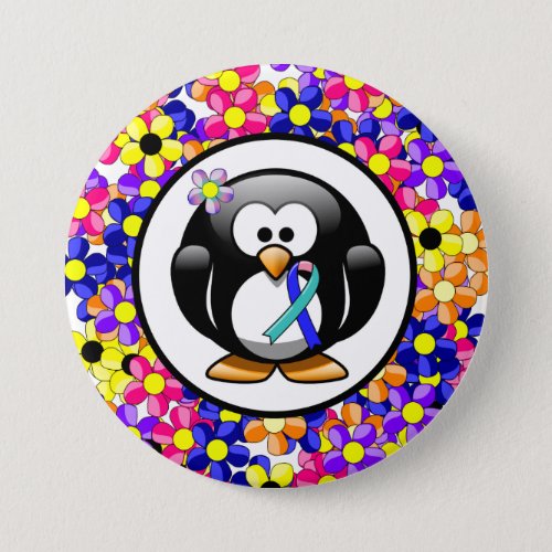 TealPinkBlue Ribbon Penguin Button