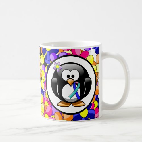 TealPinkBlue Ribbon Penguin Coffee Mug