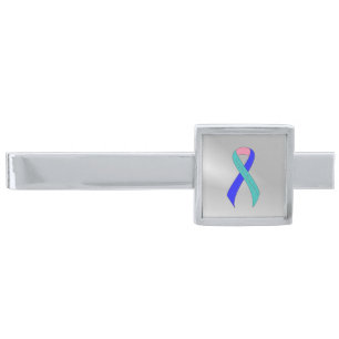 Teal/Pink/Blue Ribbon Support Awareness Silver Finish Tie Clip