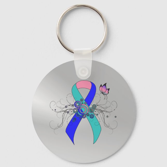 Teal/Pink/Blue Ribbon with Butterfly Keychain (Front)