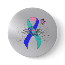 Teal/Pink/Blue Ribbon with Butterfly Pinback Button