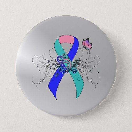 TealPinkBlue Ribbon with Butterfly Pinback Button