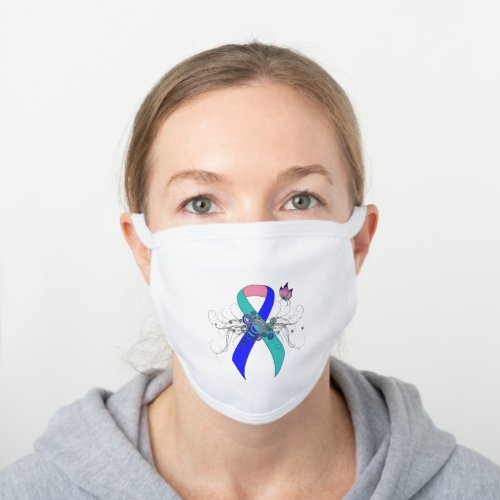 TealPinkBlue Ribbon with Butterfly White Cotton Face Mask