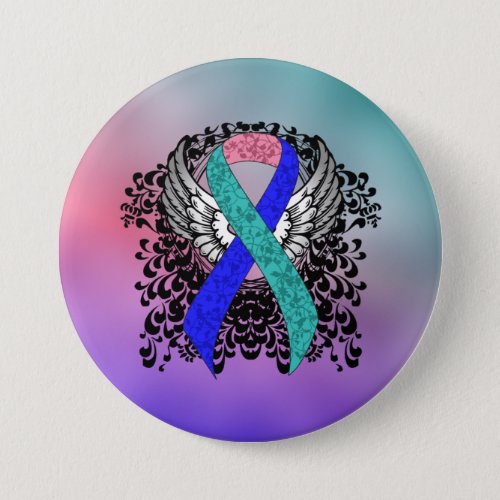 TealPinkBlue Ribbon with Wings Button